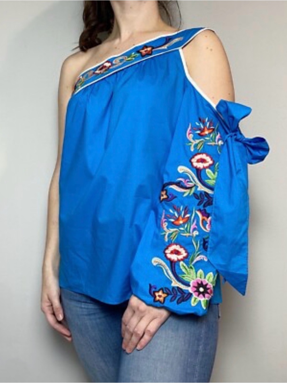 Parker Bright Blue One-Shoulder Embroidered Sleeve Top with Bow
